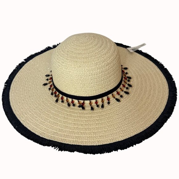 Wide Brim Straw Sun Hat Floppy Black Fringe Teardrop Beaded Band Resort Fashion main image 7